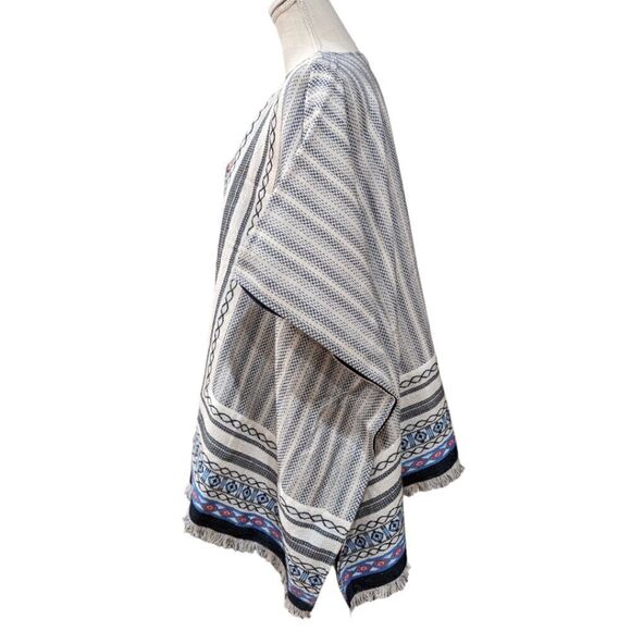 Tory Burch Boho Oversized Blaire Poncho M/L - w/ Tassles, New Ivory / Navy Sea - Picture 5 of 12